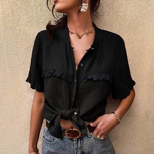 Black Short Sleeve Button Up Top